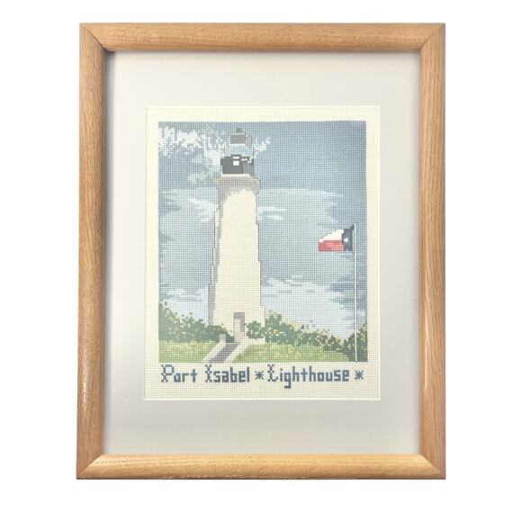 1980s Port Isabel, Texas Professionally Framed Lighthouse Needlepoint Canvas 15”